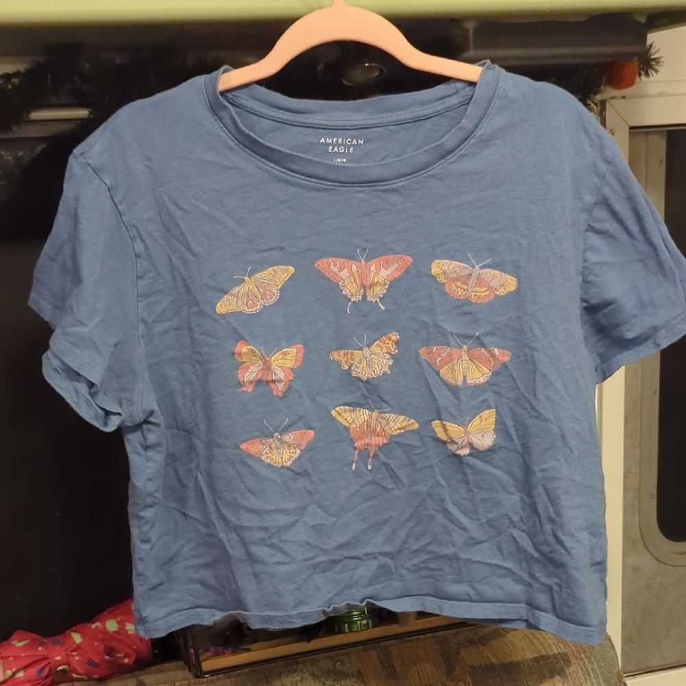 American Eagle Outfitters Blue Short Sleeve Butterfly Crop Top